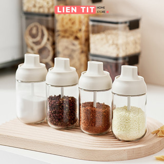 Hộp đựng gia vị thủy tinh cao cấp 250ml có thìa tiện lợi, bộ hũ để gia vị nhà bếp hàng loại đẹp