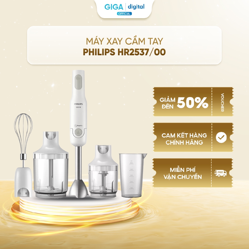 Máy Xay Cầm Tay Philips HR2537/00 Promix 650W (Trắng) - Giúp Xay Nhanh Và Mịn Chỉ Bằng Cách Nhấn Nút
