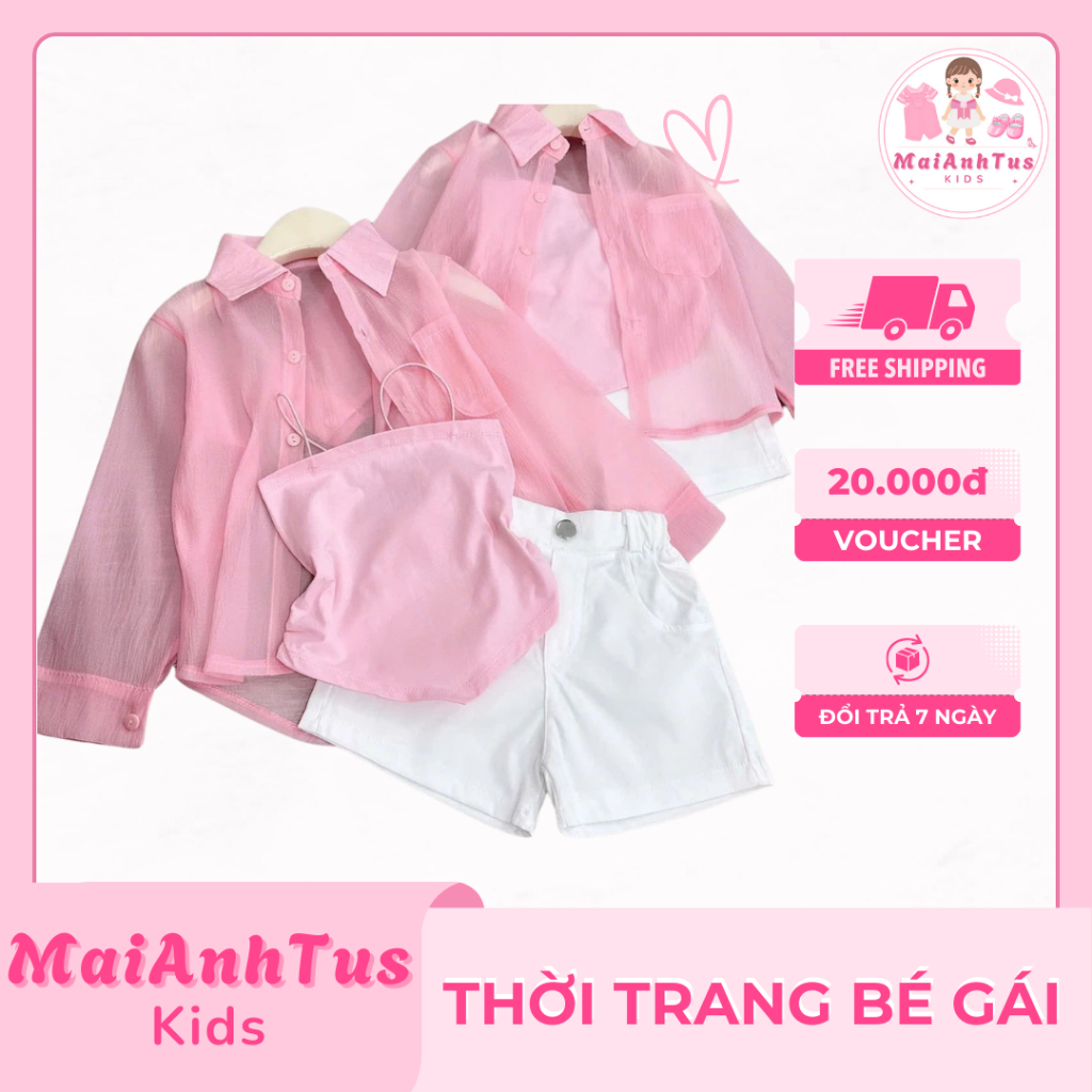 Set áo 2 giây, quần đùi và áo sơ mi hồng cho bé gái – Set bộ đùi áo 2 giây sơ mi hồng cho bé gái – T