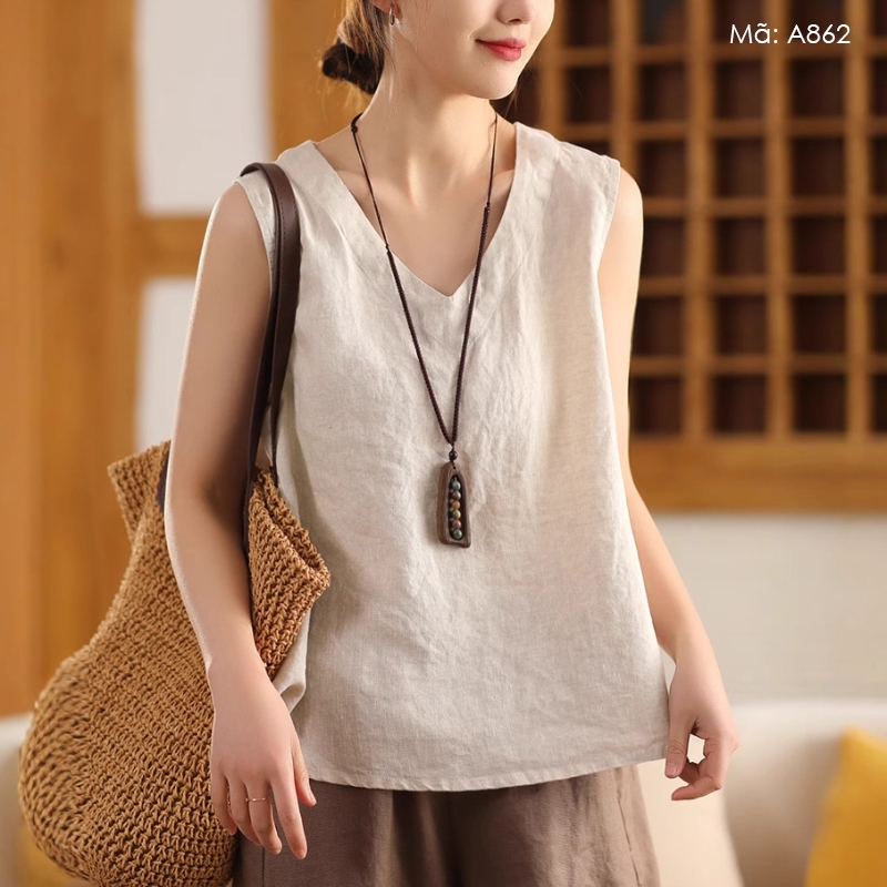 Áo t-shirt linen sát nách KAMAKA cổ V đơn sắc - A862