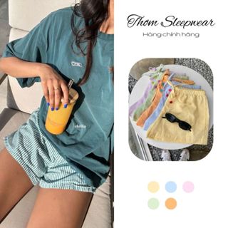  thomsleepwear Quần short nữ kẻ sọc mùa hè quần đùi vải thô cotton cạp thấp đi biển đồ ngủ tí hon mặc nhà 