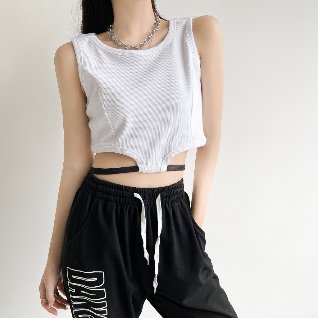 Áo Crop-Top Jewis Sát Nách Cotton Trắng Có Dây Eo Cá Tính - J492