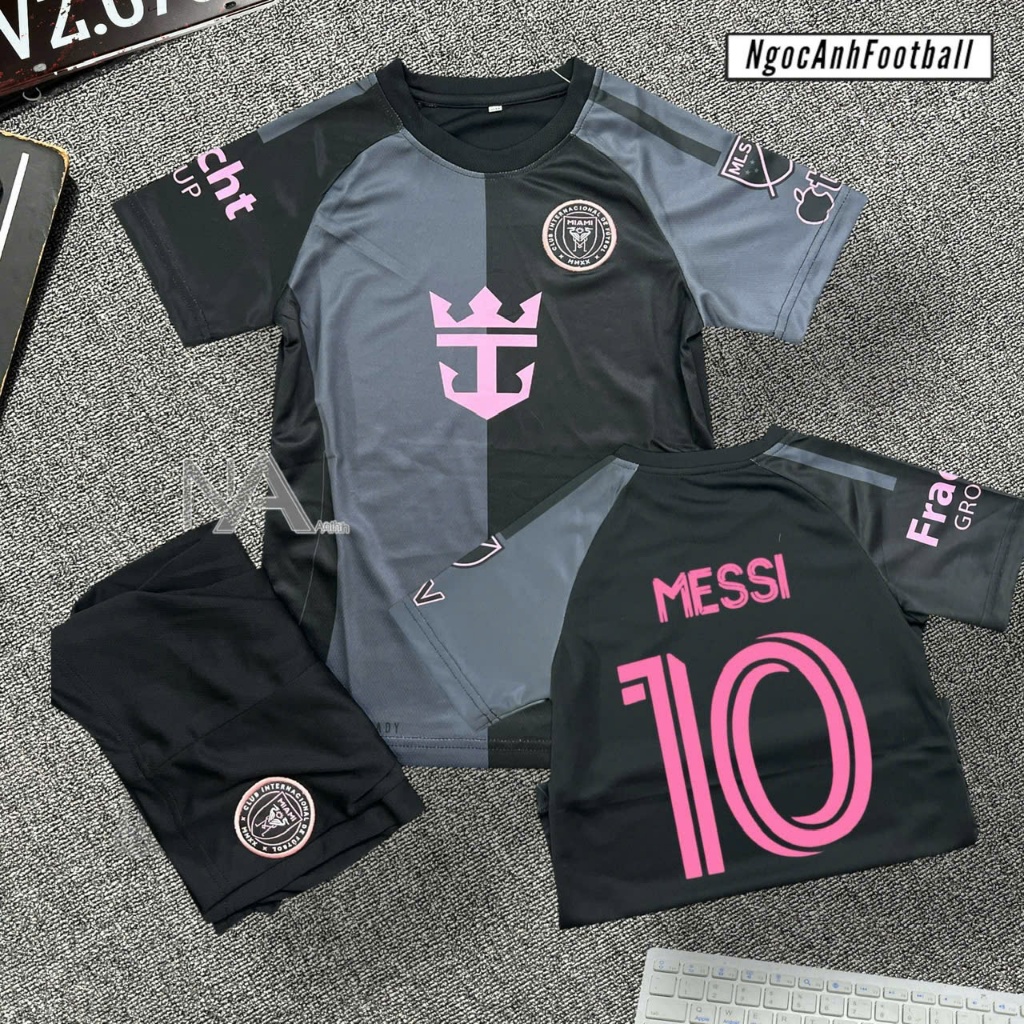 Quần áo bóng đá trẻ em Messi 10 Inter Miami màu đen xám | Đồ đá banh bé trai vải Thái co giãn thoáng