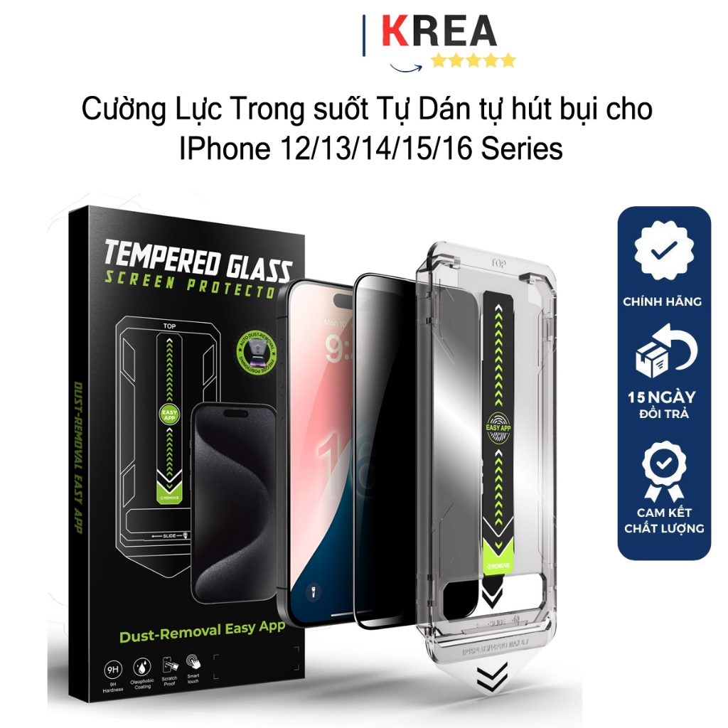 Kính cường Lực trong suốt Tự Dán tự hút bụi cho iPhone 16,15,14,13,12