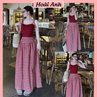 Set Bộ Đồ Nữ Áo 2 Dây Đỏ Ôm Body Dây Buộc Nơ Vai Mix Chân Váy Kẻ Caro Đỏ Dáng Dài