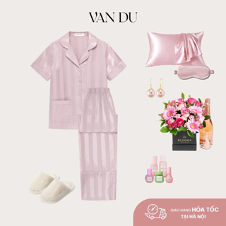  Set đồ ngủ pijama lụa nữ VÂN DU kẻ sọc – áo cộc quần dài mặc nhà êm ái 