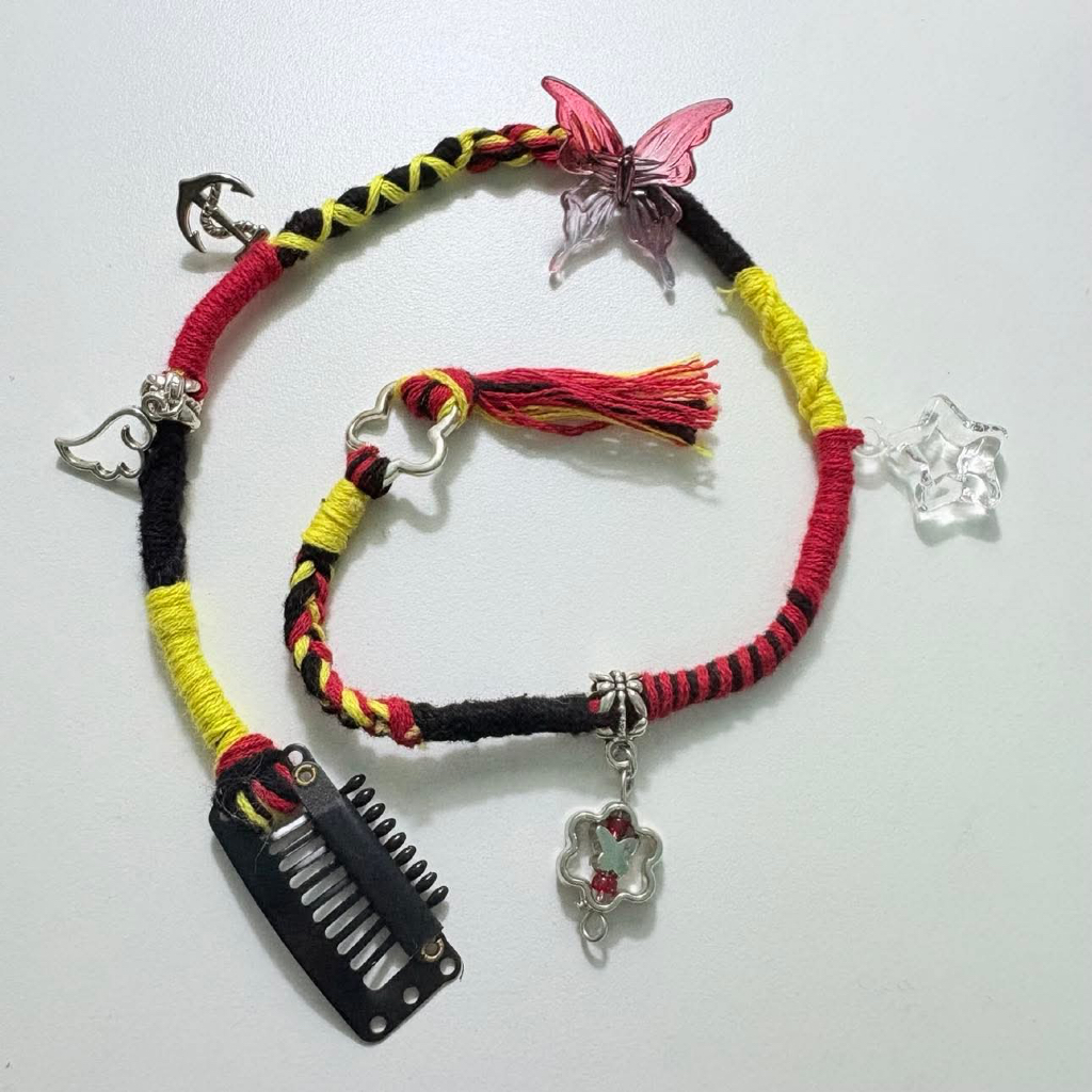 Hairwrap tone đỏ đen vàng, hairclip, kẹp phụ kiện trang trí tóc