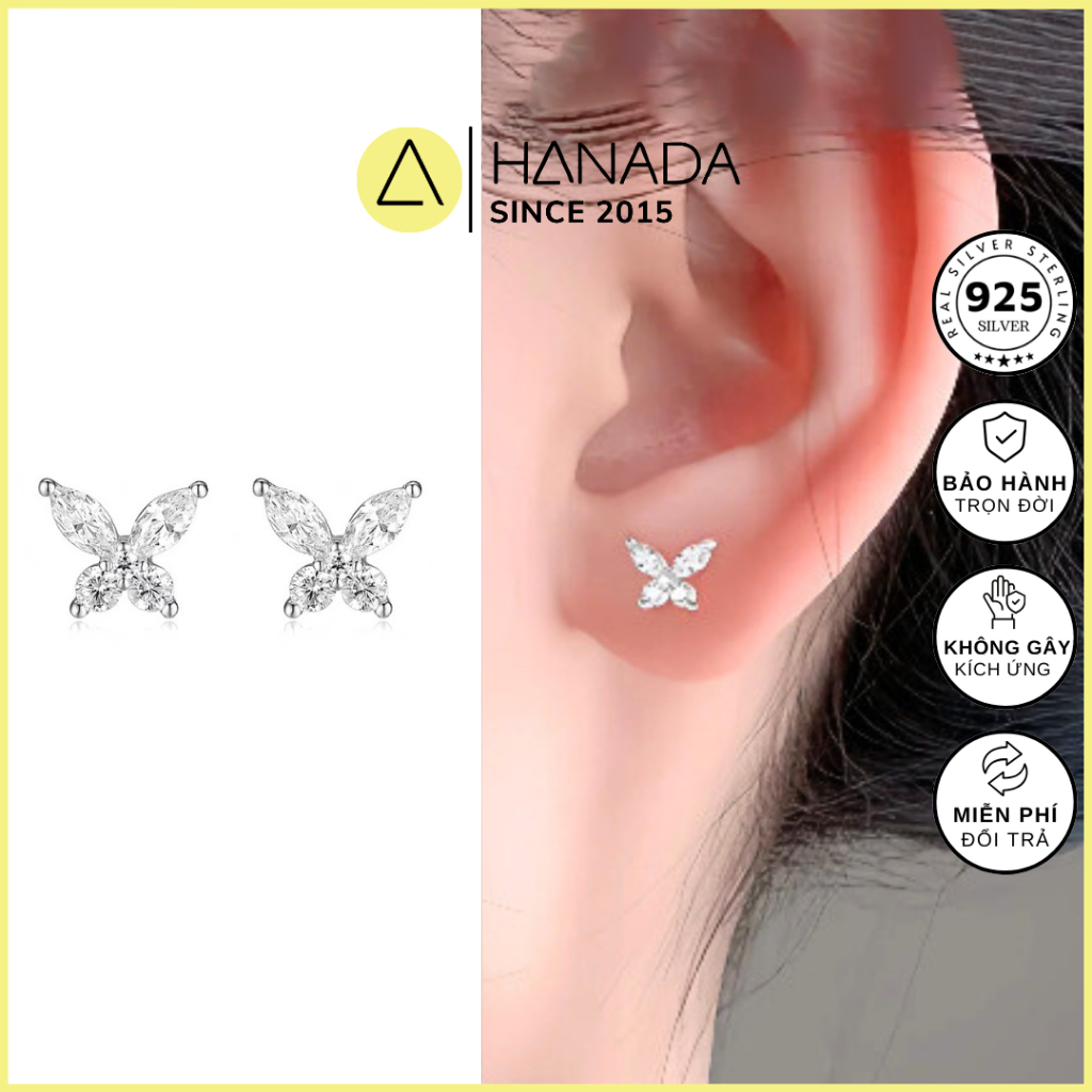 [BẠC 925-BH TRỌN ĐỜI]Bông Tai BẠC 925 HANADA Hồ Điệp Lấp Lánh , Khuyên Tai Đính Đá Đơn Gỉan Nữ 1762 C14