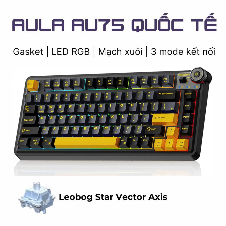 Bàn phím cơ Aula Au75 - 3 mode kết nối - Mạch xuôi - Led RGB - Núm vặn - Có app tùy chỉnh | BigBuy360 - bigbuy360.vn