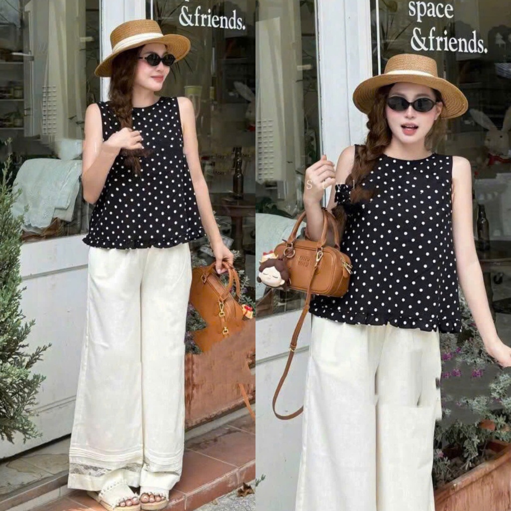 Set Đũi Xước Sát Nách Chấm Bi Mix Quần Suông Chân Phối Ren Kèm Dây Buộc Tóc Đáng Yêu (Ảnh Thật Trải 