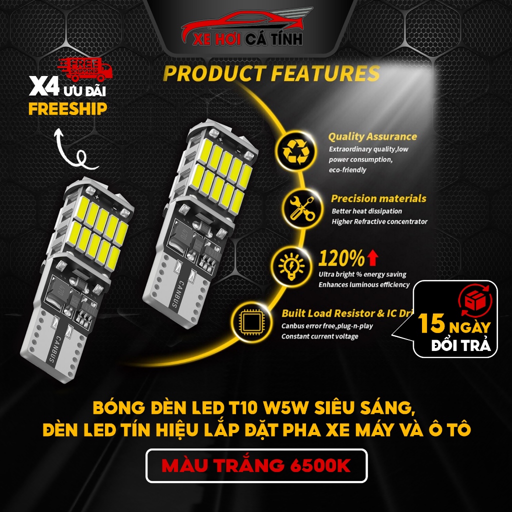 Bóng Đèn Led T10 W5W Siêu Sáng, Đèn Led T10 Lắp Mặt Đồng Hồ, Demi, Xi Nhan Xe Máy, Ô Tô màu trắng có