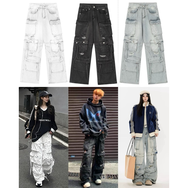 QUẦN JEANS BAGGY ỐNG RỘNG TÚI HỘP [VẢI CAO CẤP] STRAP BOX (8 Túi hộp phối đai ) HÀNG JEANS LOẠI 1 HALO KAKI | BigBuy360 - bigbuy360.vn