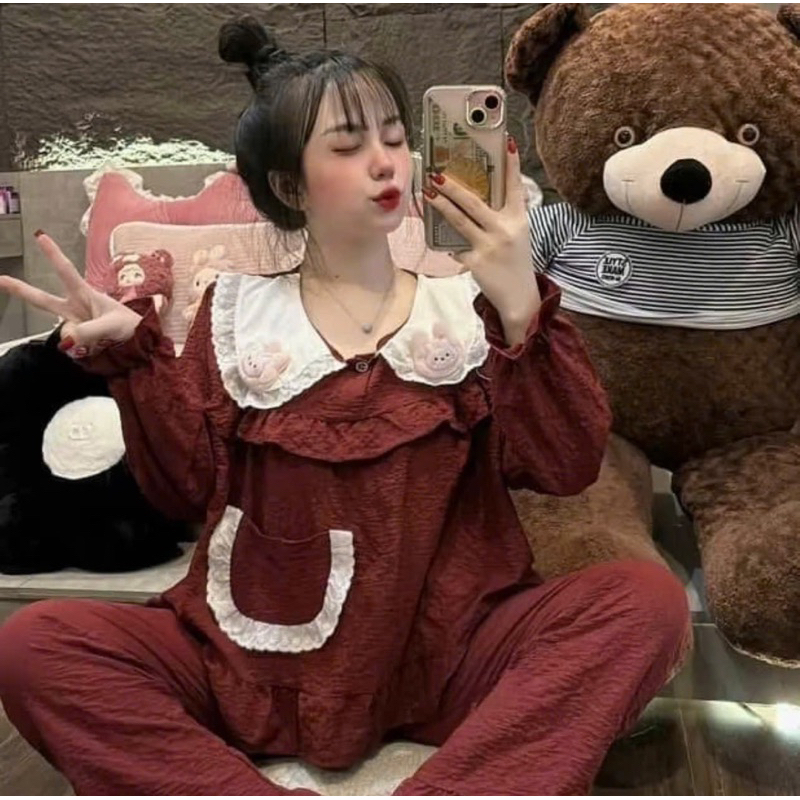 Bộ Pijama tay cộc quần dài vải đũi cổ bèo