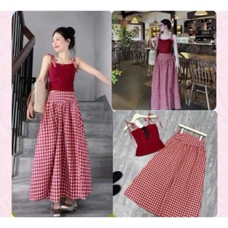 Set váy cổ điển, áo thun gân đỏ 2 dây caro có mút phối chân váy xòe dài sọc caro đỏ nhẹ nhàng cho nàng dạo phố, chụp ảnh