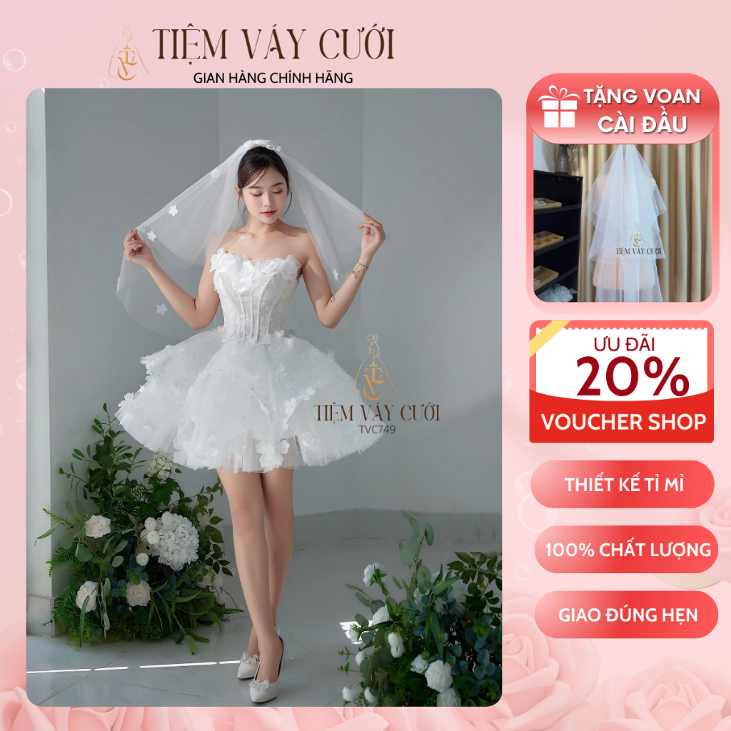 [Tặng Voan + Mút Ngực] Váy Cưới Đi Bàn, Đầm Cưới Ngắn, Cúp Ngực, Hoạ Tiết, TVC749