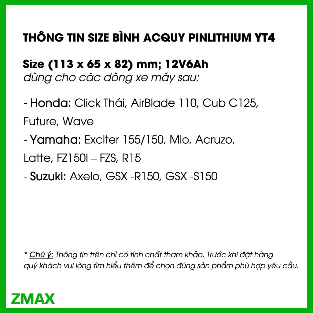 Pin lithium LiFePO4 dùng cho xe máy 12V 6Ah, Size YT4