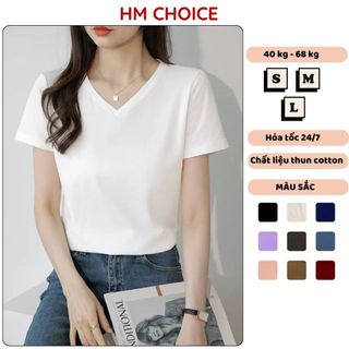  Áo thun nữ cổ tim HM tay ngắn dáng trơn form vừa áo phông cổ v vải cotton màu trắng đen HM24.03 
