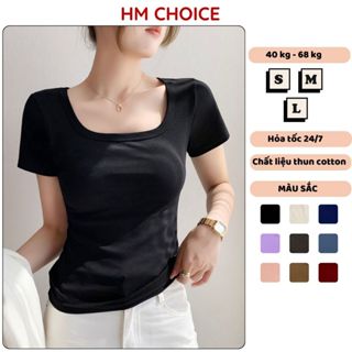 Áo cổ vuông HM tay ngắn form ôm body dáng trơn, áo thun nữ baby tee màu trắng đen HM24.02
