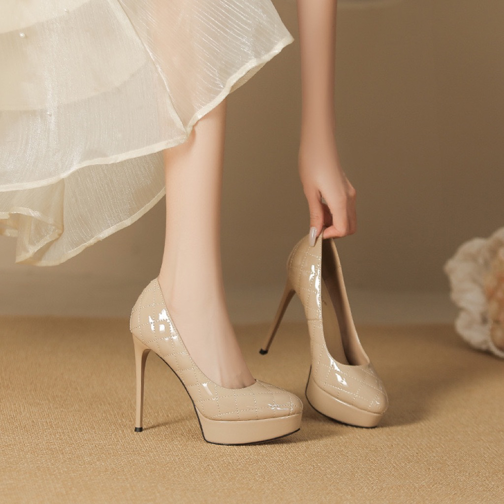 Giầy cao gót quảng châu cao cấp đúp 2,5cm, trần trám da bóng cao 12cm (HT136-5)