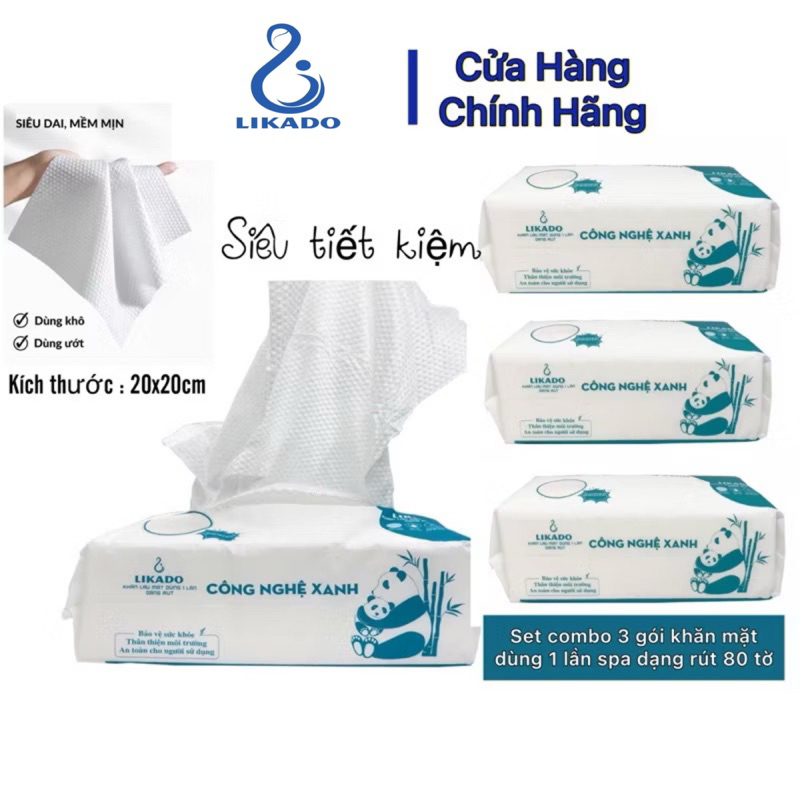 COMBO 3 bịch khăn mặt khô dạng rút 80 tờ/bịch bản to 20x20cm likado - Khăn mặt dùng 1 lần