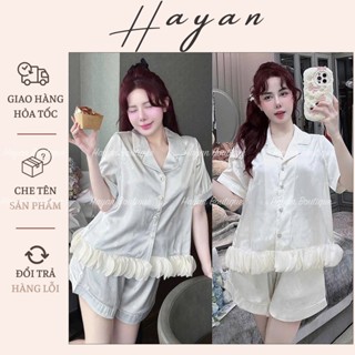 HT686 Bộ pijama cổ bẻ hoạ tiết bướm xếp ly,set đồ ngủ lụa tiểu thư tay ngắn tôn dáng HT686