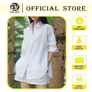 Áo sơ mi nữ tay dài form rộng vải linen trễ vai đuôi tôm khoét sâu