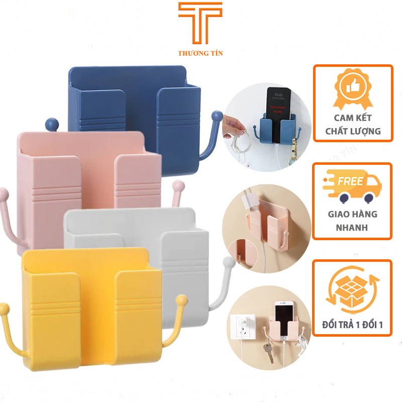 Kệ dán tường đỡ điện thoại khi sạc, điều khiển remote Việt Nhật, kệ có móc treo đồ tiện lợi (5689)