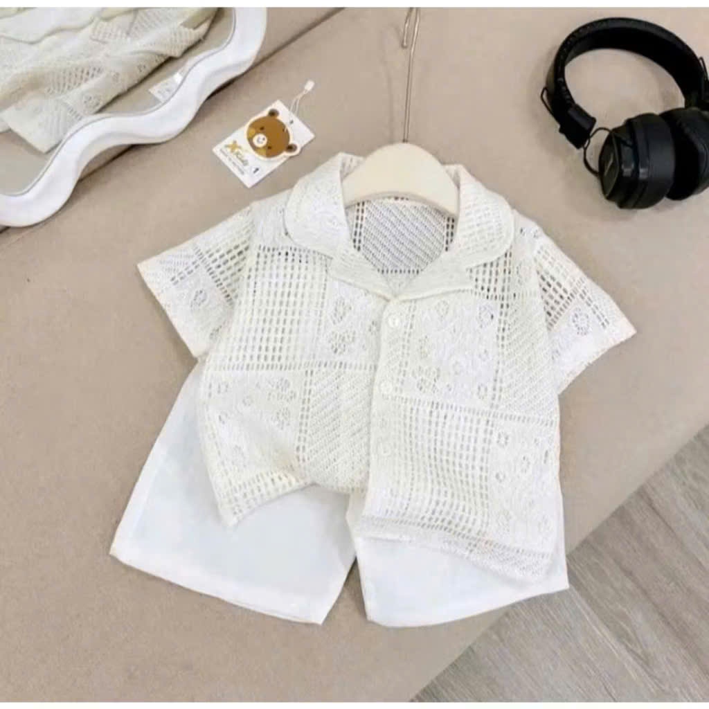 Bộ cộc tay  lưới bé trai , Set áo lươi bé trai quần đũi trắng xịn sò phong cách Hàn quốc đi chơi đi biển - Mã lưới