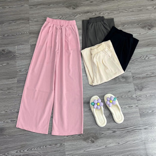 Quần ống rộng culottes ulzzang nữ vải đũi gân dáng dài thể thao cạp chun Quần ống suông nữ cạp lưng cao