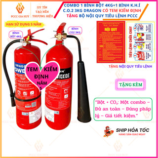{có tem kiểm định}Combo 1 bình chữa cháy bột 4kg +1 bình khí CO2 3kg -Tặng kèm bộ nội quy tiêu lệnh