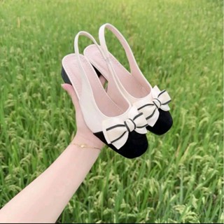  Sandal phối da Giày sục nữ mũi Vuông Nơ Cánh Tiên Viền đen quai cài có chun co dãn đế cao 4p marry baby bệt 