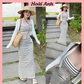 Set Bộ Đồ Nữ 3 Món Kẻ Ngang Áo Quây Ống Ôm Body Kèm Áo KHoác Cadigan Trắng Mix Chân Váy Dáng Dài