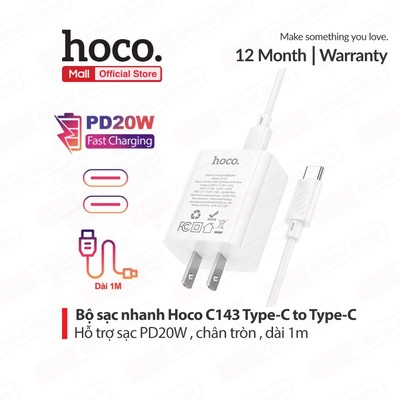 Bộ sạc nhanh PD20W Type-C to Type-C dùng cho ip15/15promax/16/16promax/Android Hoco C143 dài 1m , chân dẹt