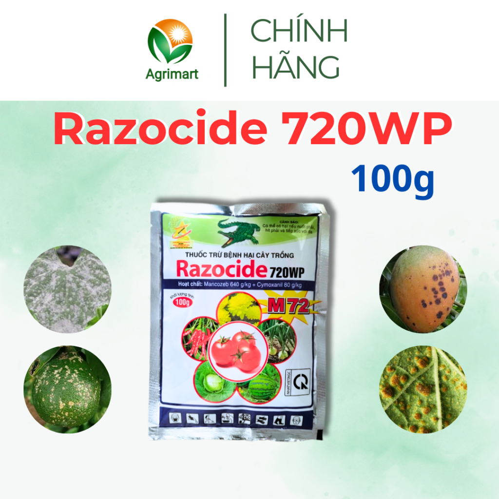 Thuốc trừ bệnh Razocide 720WP Sương mai, vàng lá, thán thư, rỉ sắt, rong rêu, sẹo trái, xì mủ - 100g