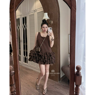 Váy Đầm MiDi Dáng Babydoll Xoè Tiểu Thư, Váy Bò Dáng Suông Phối Tầng Ly Màu Nâu