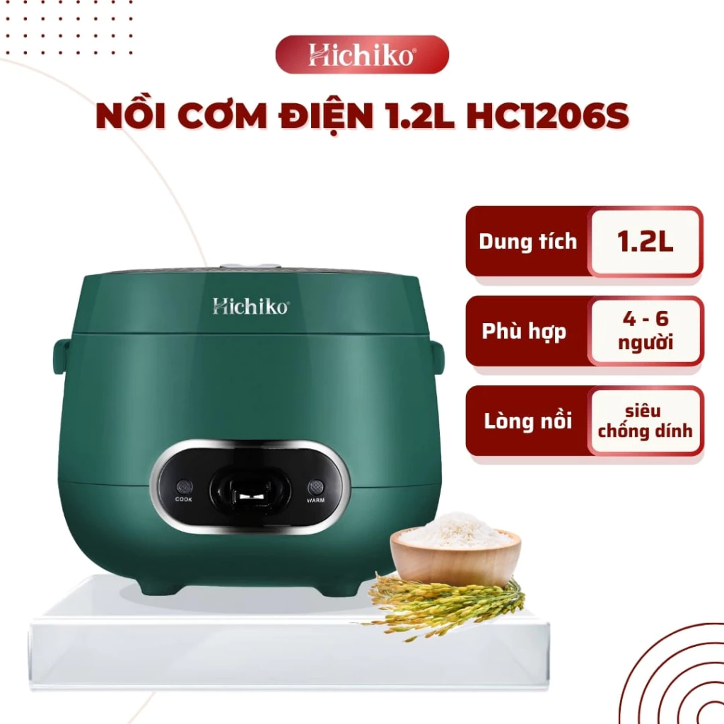 Nồi Cơm Điện Hichiko 1.2 Lít Quai Xách Hichiko HC1206S, Lòng Nồi Siêu Dày, Chống Dính 2 Lớp Ceramic