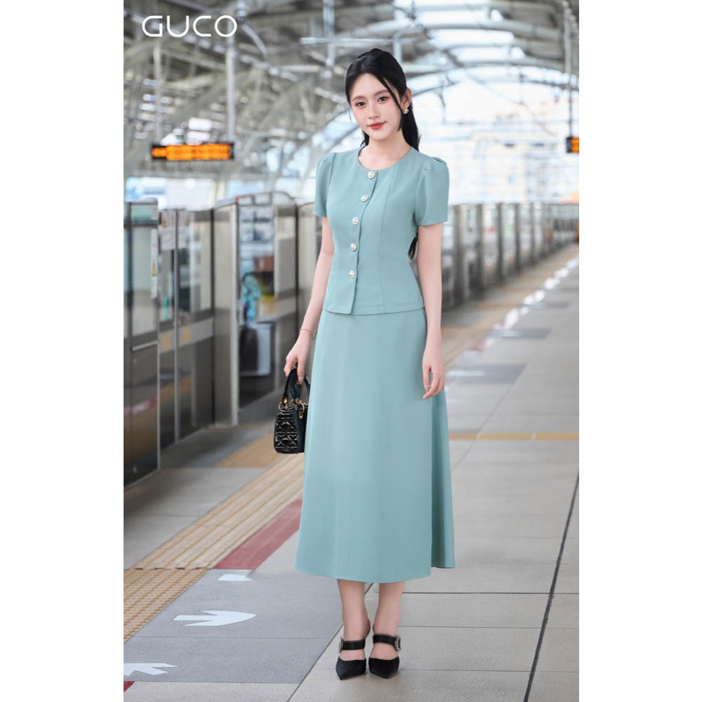 GUCO - Chân Váy A Xòe Công Sở - Xanh CV240