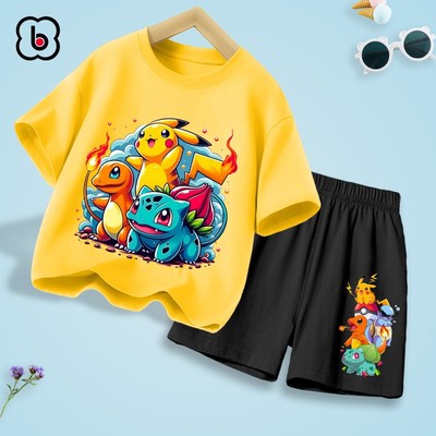 Bộ quần áo cho bé trai BabyloveGO, set đồ thun cotton Pikachu Pokémon cho bé 1-10 tuổi