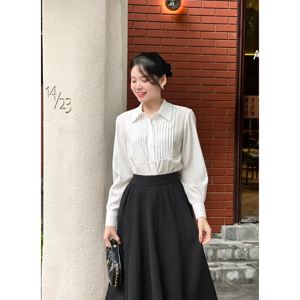 TIINSTORE Chân váy công sở dáng xoè thiết kế xếp ly to cạp chun sau chất liệu tuyết mưa thanh lịch sang trọng CHD041