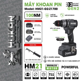  Máy khoan pin HUKAN HM21-G2-Z1700 100Nm 3 Chế độ,13mm Có tạo xung + Chống lật cổ tay 
