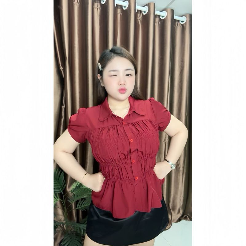 [Hàng loại 1] Áo Sơ Mi Nhún Tay Phồng Nhún Eo Cổ Sen Vải Cotton Mềm Mát_Có bigsize | BigBuy360 - bigbuy360.vn