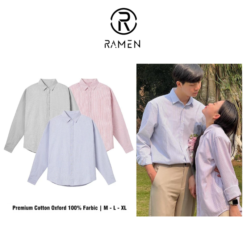 Áo Sơ Mi Kẻ Sọc Tay Dài Nam Nữ Hàn Quốc Ramen Chất Liệu Oxford Form Rộng 3 Màu Xám, Hồng, Xanh KATHO