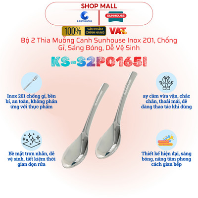 [HỎA TỐC] Bộ 2 thìa muỗng canh Sunhouse KS-S2PO165I - Inox 201, chống gỉ, dễ vệ sinh - Hàng chính hãng