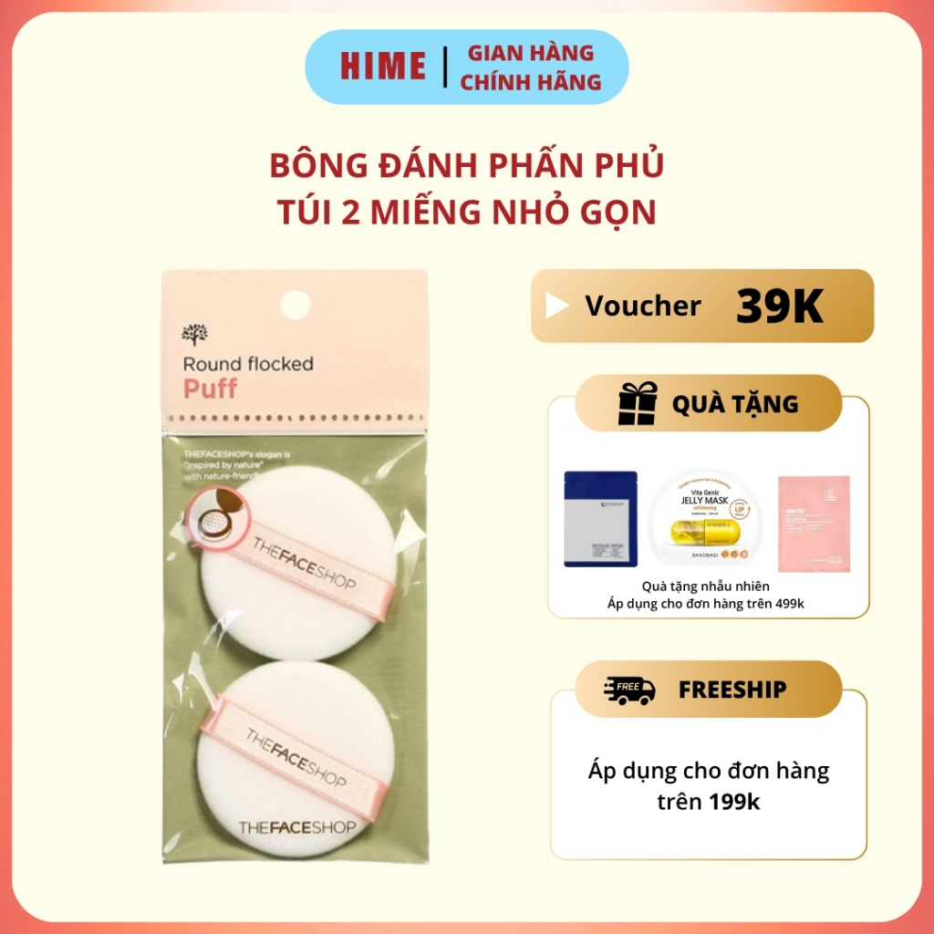 Bông đánh phấn phủ TFS Round Flocked Puff The Face Shop túi 2 miếng Hàn Quốc