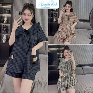 Bộ Ngủ Nữ Mùa Hè Kẻ Caro Cổ Sen 2 Túi Gấu Cộc Tay, Bộ Pijama Chất Đũi Mềm Mát Freesize.