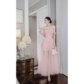 ĐẦM VÁY NỮ TRỄ VAI TƠ ĐÍNH PHỤ KIỆN 2 LỚP LƯỚI MAXI HỒNG BE CÓ MÚT CHOUCHOU TỰ MAY LẠI