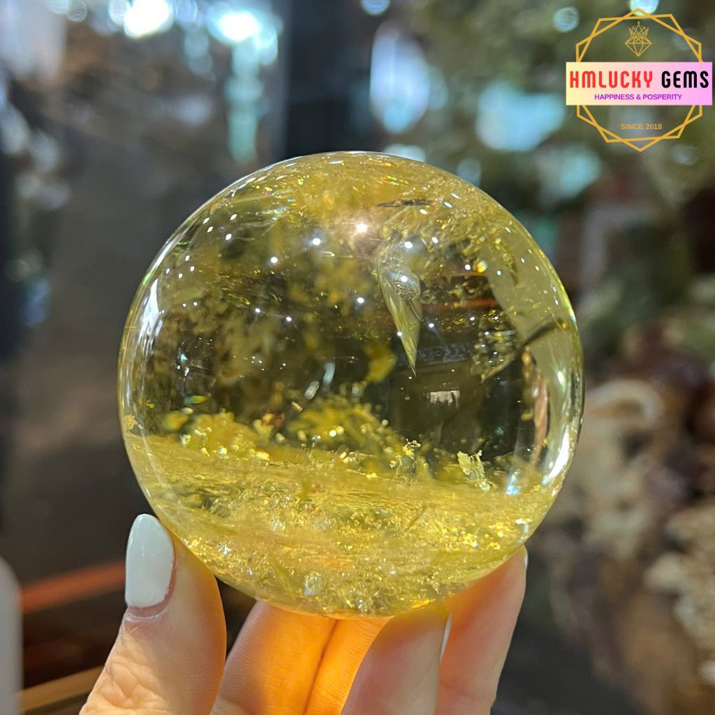 Quả Cầu Thạch Anh Vàng Tinh Thể Brazil, Thạch Anh Vàng Citrine Tự Nhiên, Nhiều Kích Cỡ (Tặng Đế Gỗ)