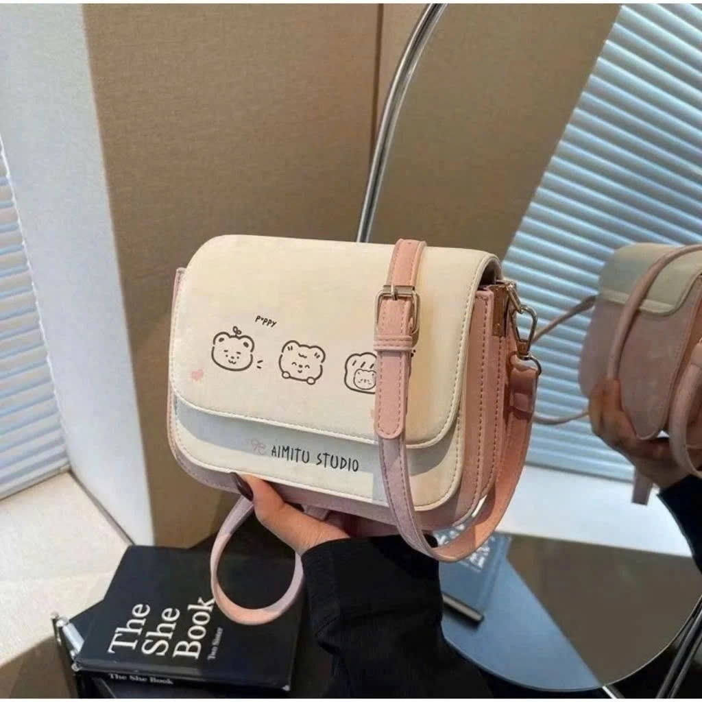 Túi Xách Nữ Dáng Bầu Da Nhung Họa Tiết Mèo Xinh Yêu Kèm Ngăn Phụ size 19 - DK239 | BigBuy360 - bigbuy360.vn