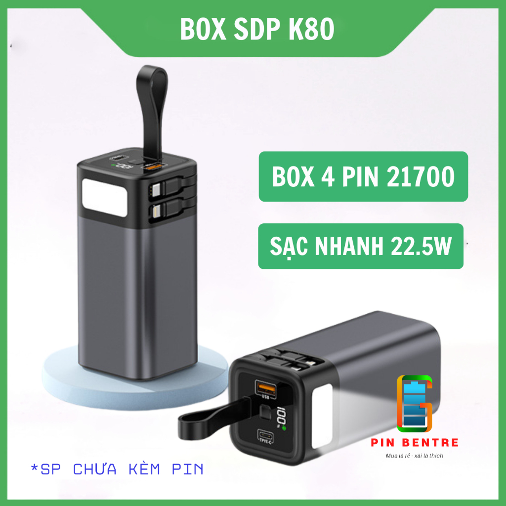 Box sạc dự phòng K80 22.5W chứa 4 Cell 21700 kèm cáp sạc và đèn Led ( Chưa Pin )