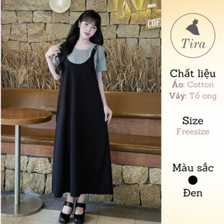  Váy yếm bầu TIRA MAMA V2003 set áo yếm nữ chất tổ ong không nhăn váy xinh tiểu thư 